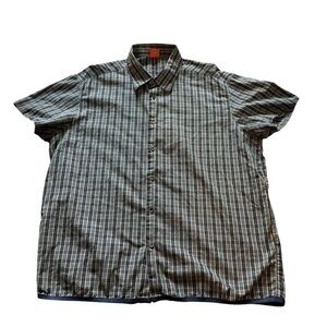 Hugo Boss navy blue plaid casual button down shirt